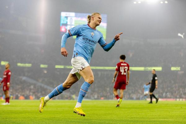 Manchester City forward Erling Haaland (9) scores and celebrates 1-0 during the English League Cup, EFL 4th Round Carabao Cup, football match between Manchester City and Liverpool on December 22, 2022 at the Etihad Stadium in Manchester, England - Photo I